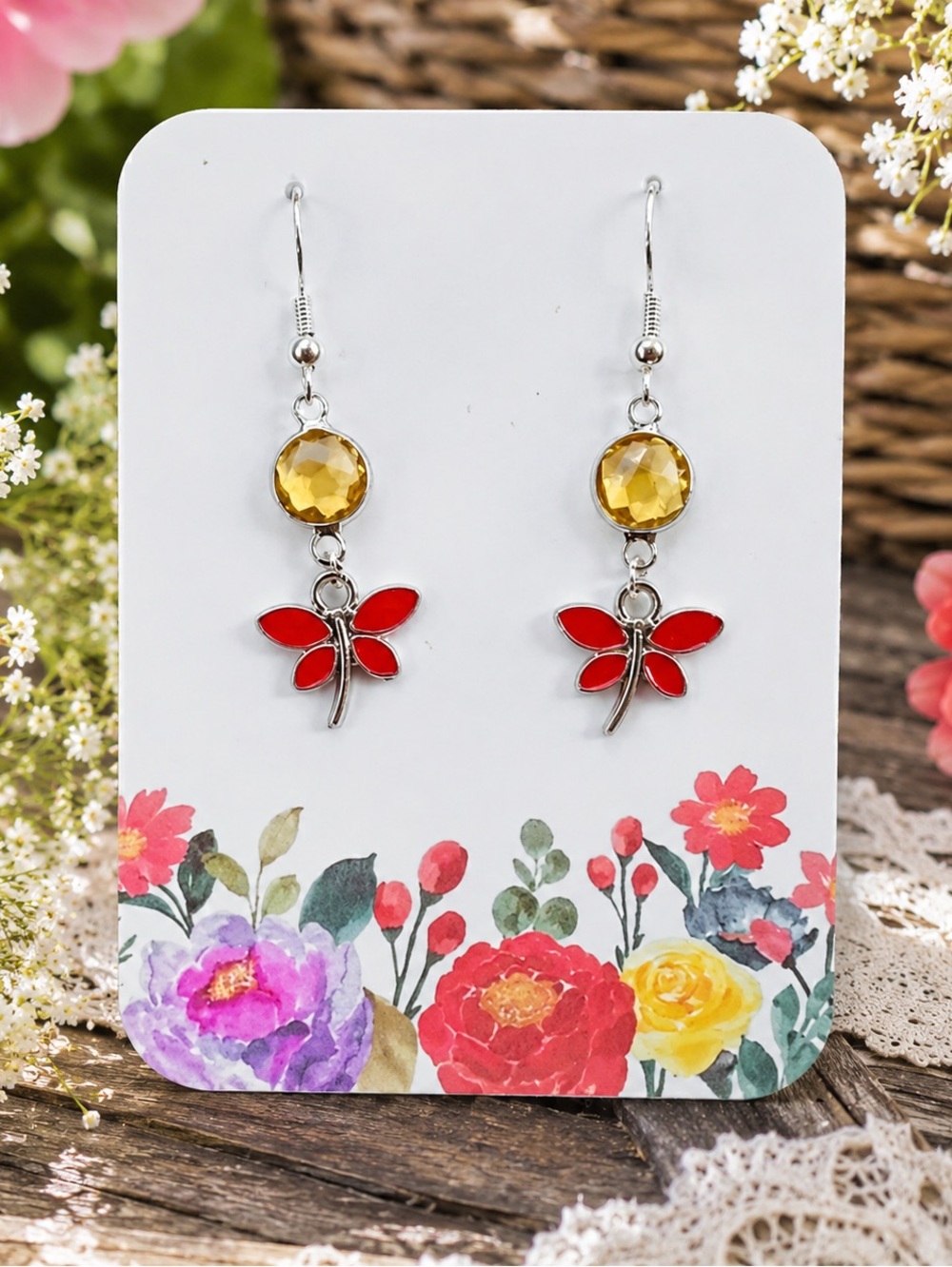 Handmade Red Dragonfly Dangle Earrings Silver Tone Gold Crystal New